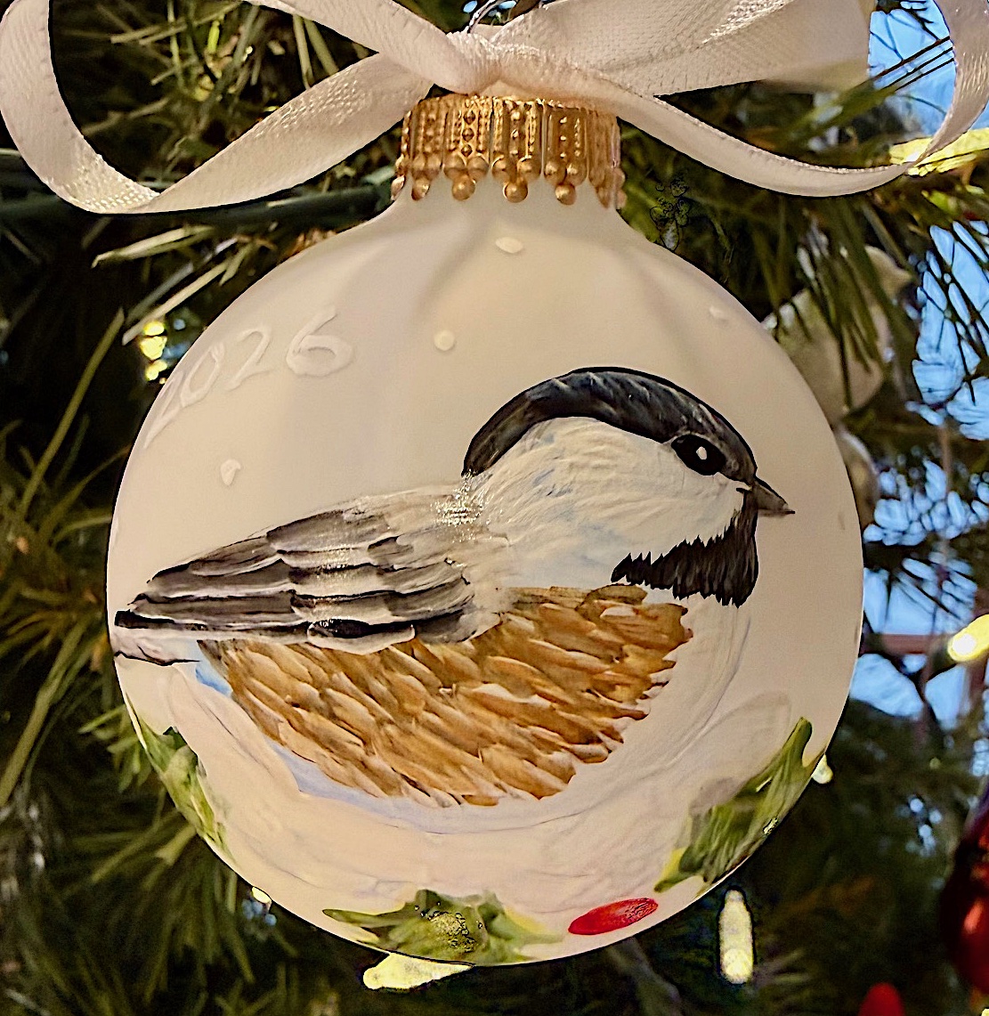 2026 Chickadee on Holly Ornament